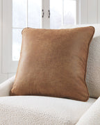 Cortnie light brown square pillow with rounded corners and textured fabric