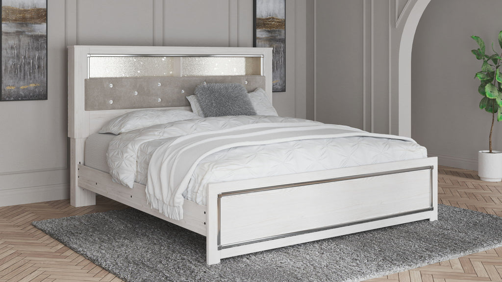 White bookcase bed with tufted gray headboard and one drawer storage on the side