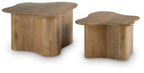Accent cocktail table set of 2, brown wood with rounded square tops and apron