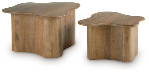 Accent cocktail table set of 2, brown wood with rounded square tops and apron