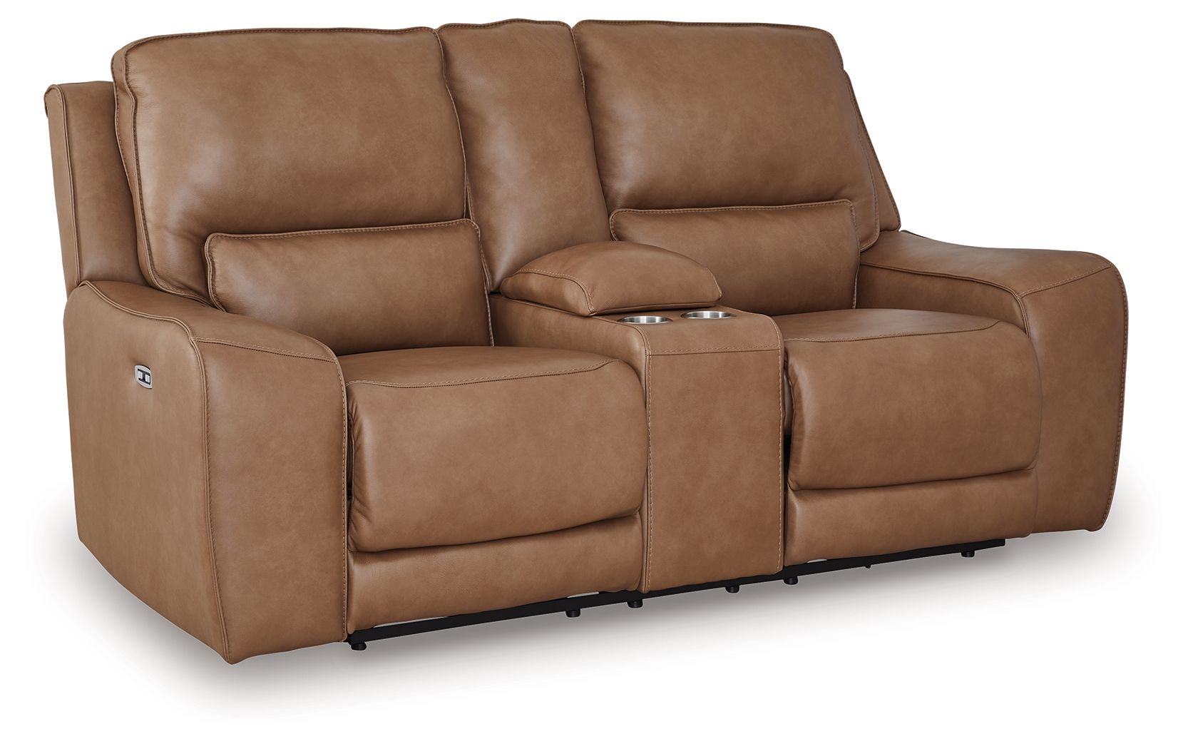 Power reclining loveseat with console and adjustable headrests, light brown upholstery