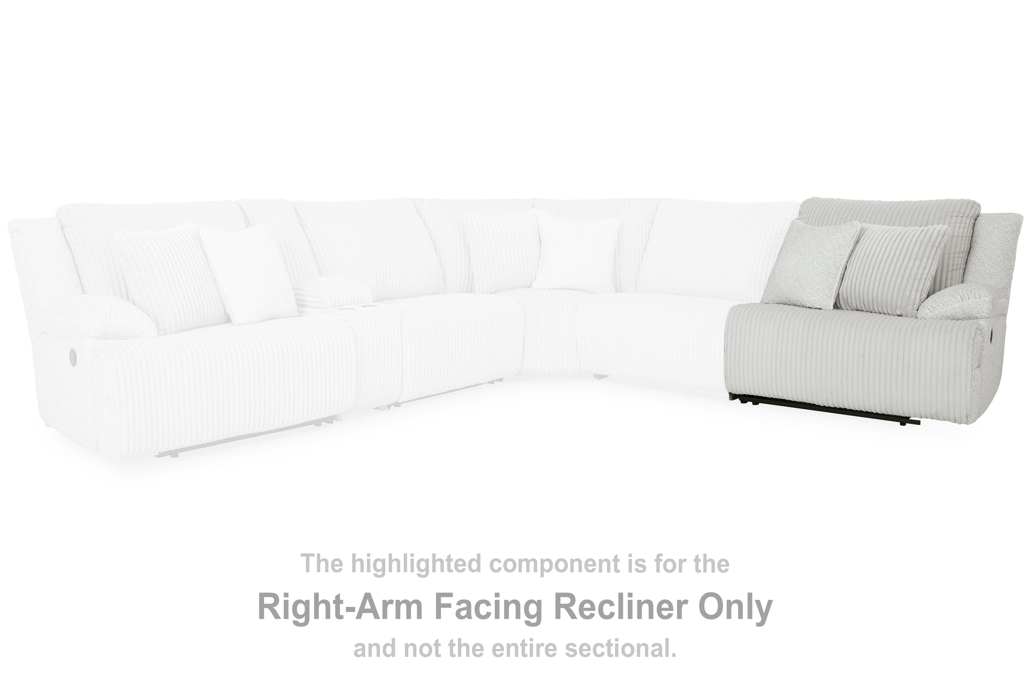 Light gray sectional with right-arm facing recliner and stacked back cushions