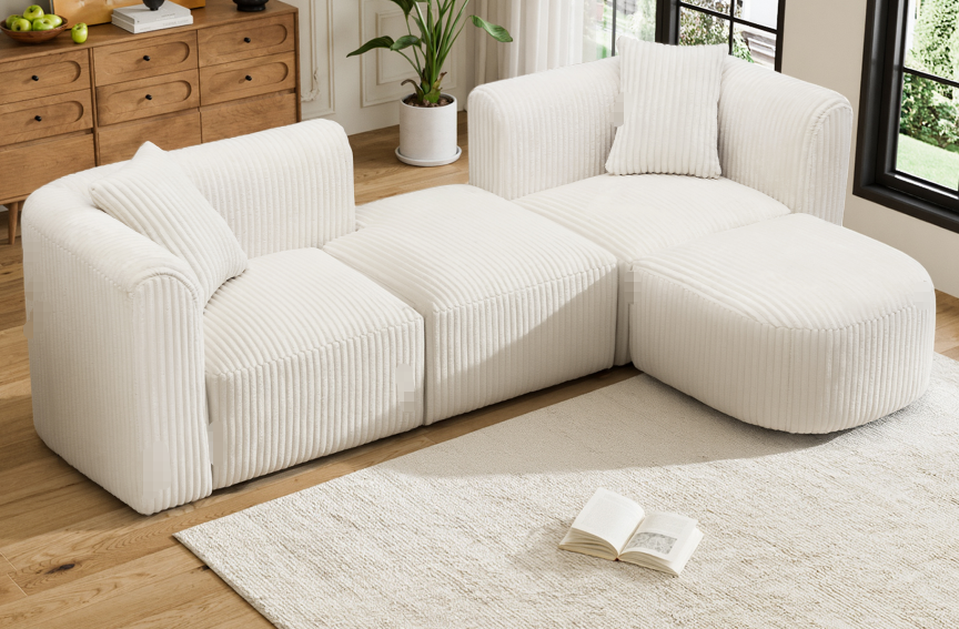 Luxury Curved Corduroy Sectional Sofa - Beige 4-Seater