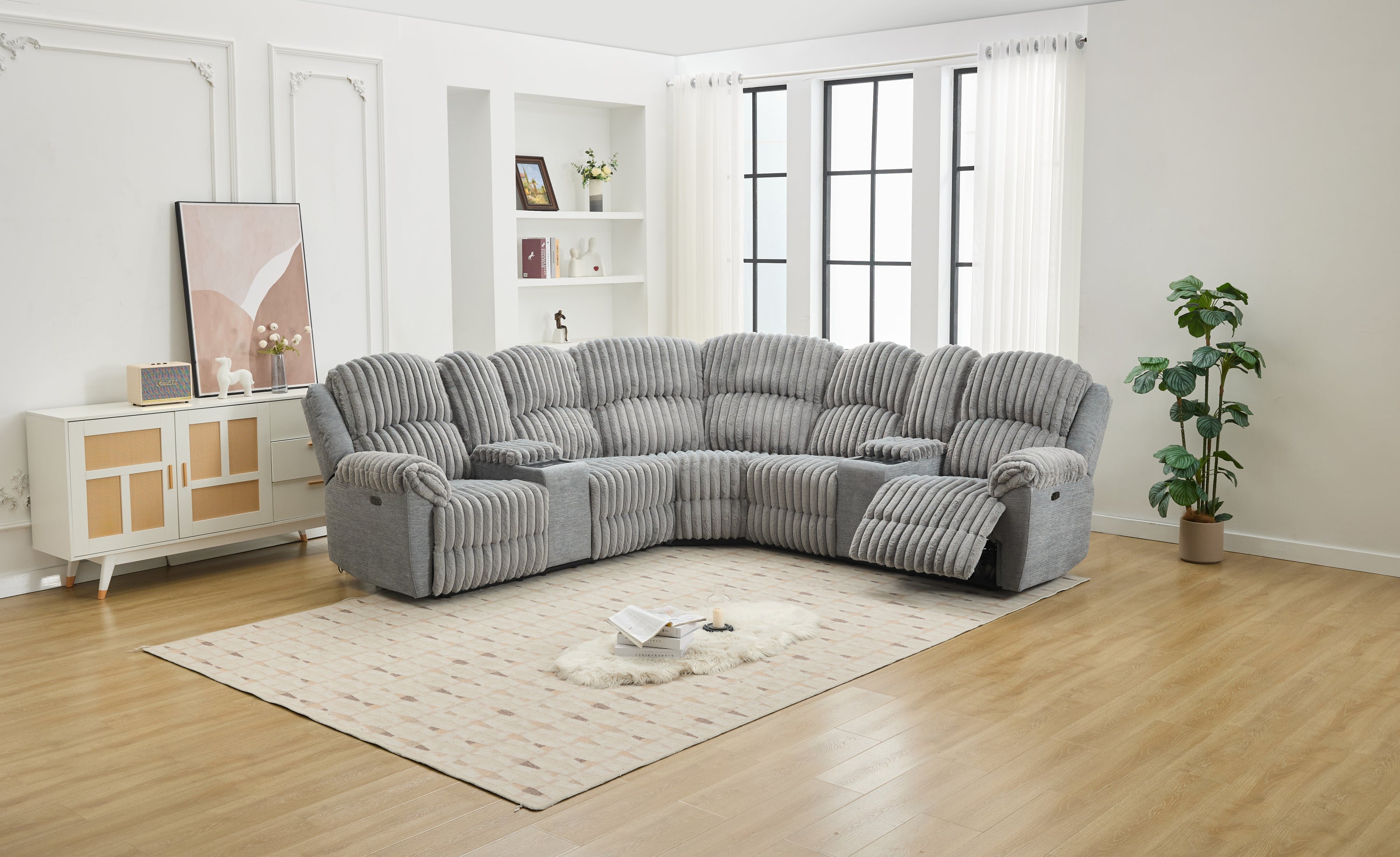 M083 Power Reclining Sectional Sofa w/ Charger & Cupholders Grey