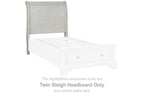 Twin sleigh headboard, antique white, with curved silhouette and padded top panel