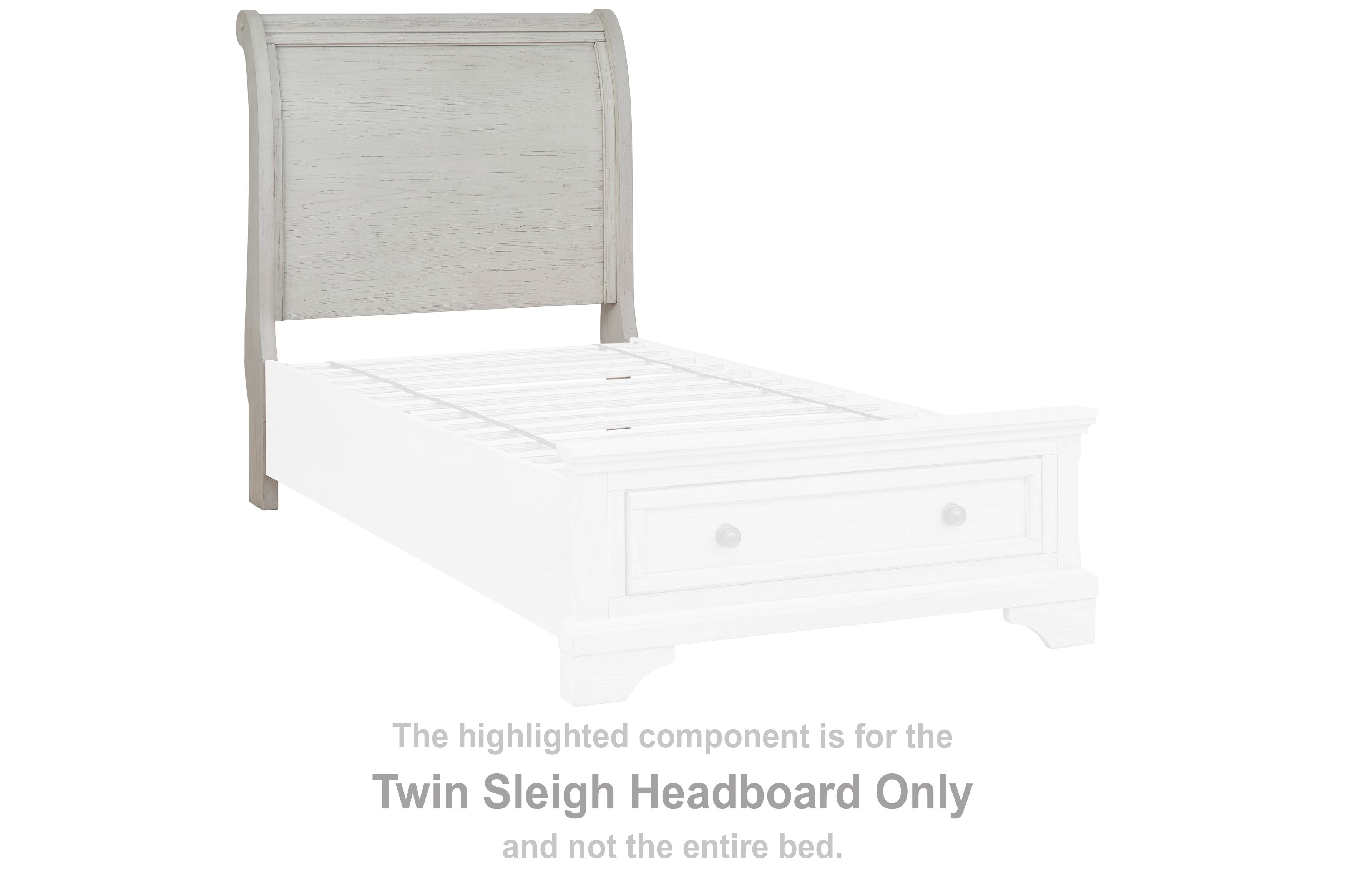 Twin sleigh headboard, antique white, with curved silhouette and padded top panel