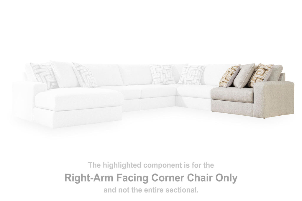 Beige corner sofa section with right-facing arm and stacked back cushions, plus pillows