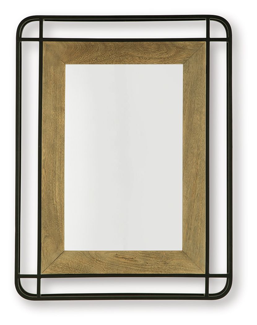 Accent mirror with black metal frame and wood-tone border, rectangular center