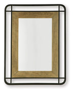 Accent mirror with black metal frame and wood-tone border, rectangular center