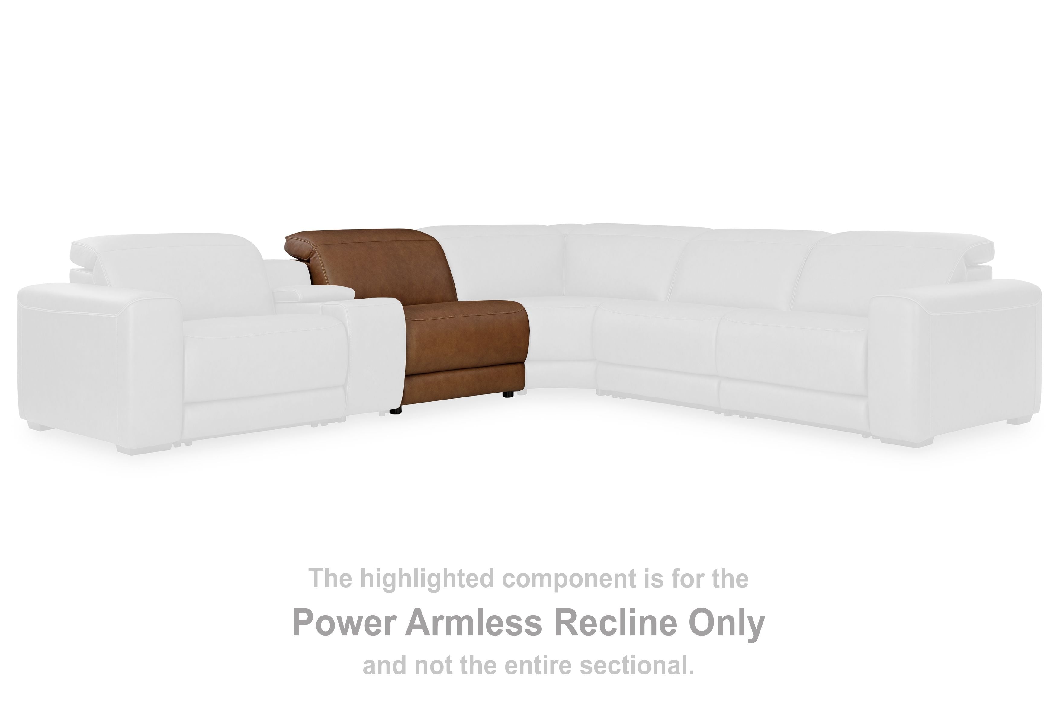 Caramel power armless recliner component with adjustable headrest within white sectional
