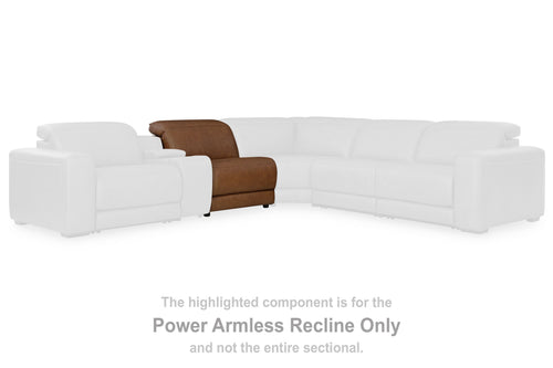 Caramel power armless recliner component with adjustable headrest within white sectional