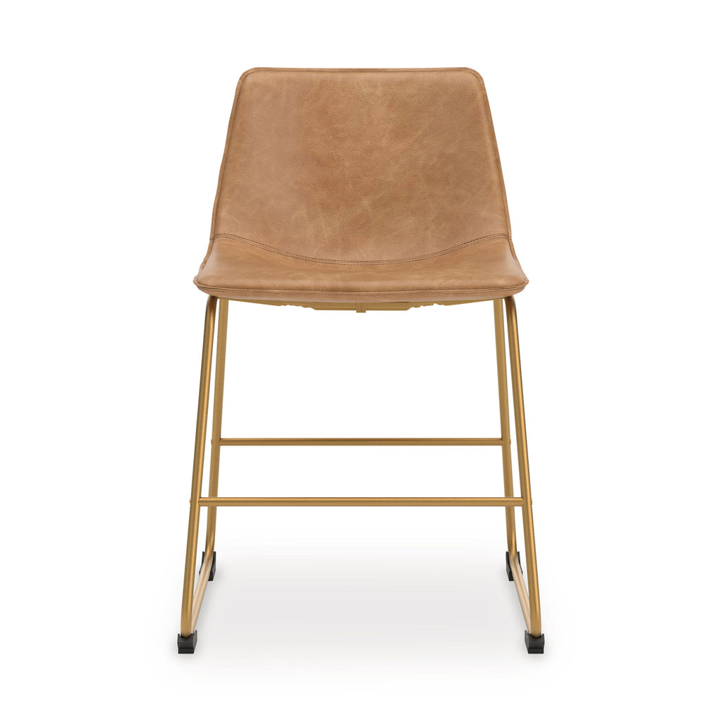 Dining side chair with beige upholstered seat and back, gold metal frame and legs