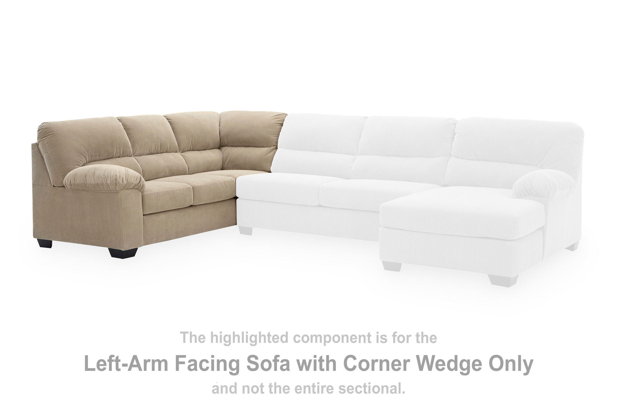 Left-arm sectional sofa with corner wedge and tufted cushions, light sand upholstery