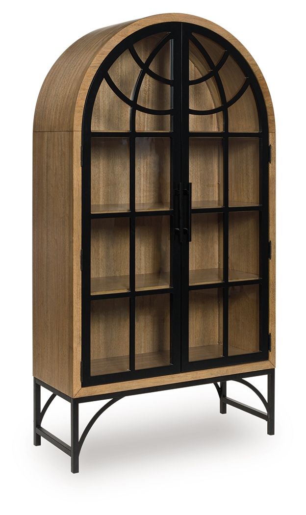Natural wood accent cabinet with arched black grid door and glass shelving