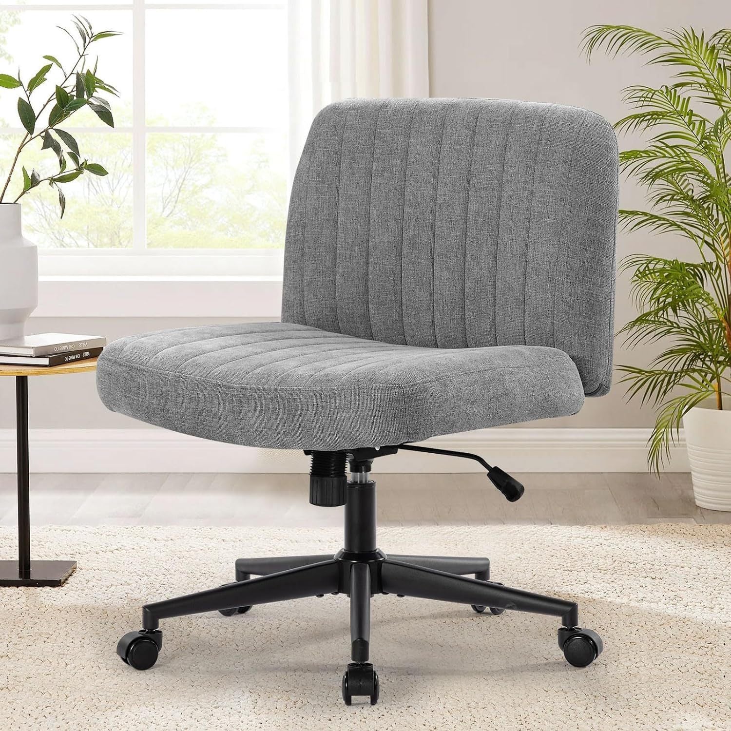 Linen Wide Seat Home Office Chair with Swinging Backrest