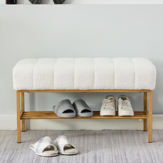 Upholstered Storage Bench with Shelf - Linen White
