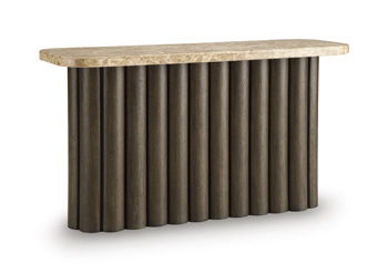 Rectangular table with dark ribbed base and light wood-look tabletop