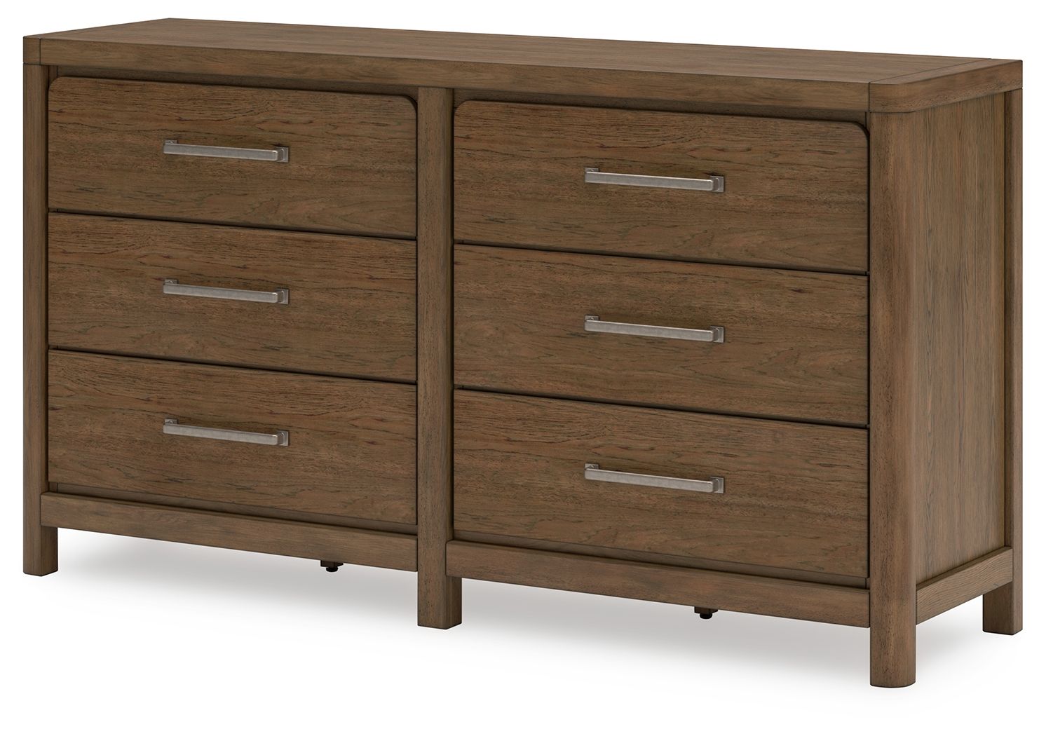 Light brown wooden dresser with six drawers and metal bar pulls, front view