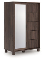 Dark brown dressing chest with tall mirror panel and three vertical-slat drawers