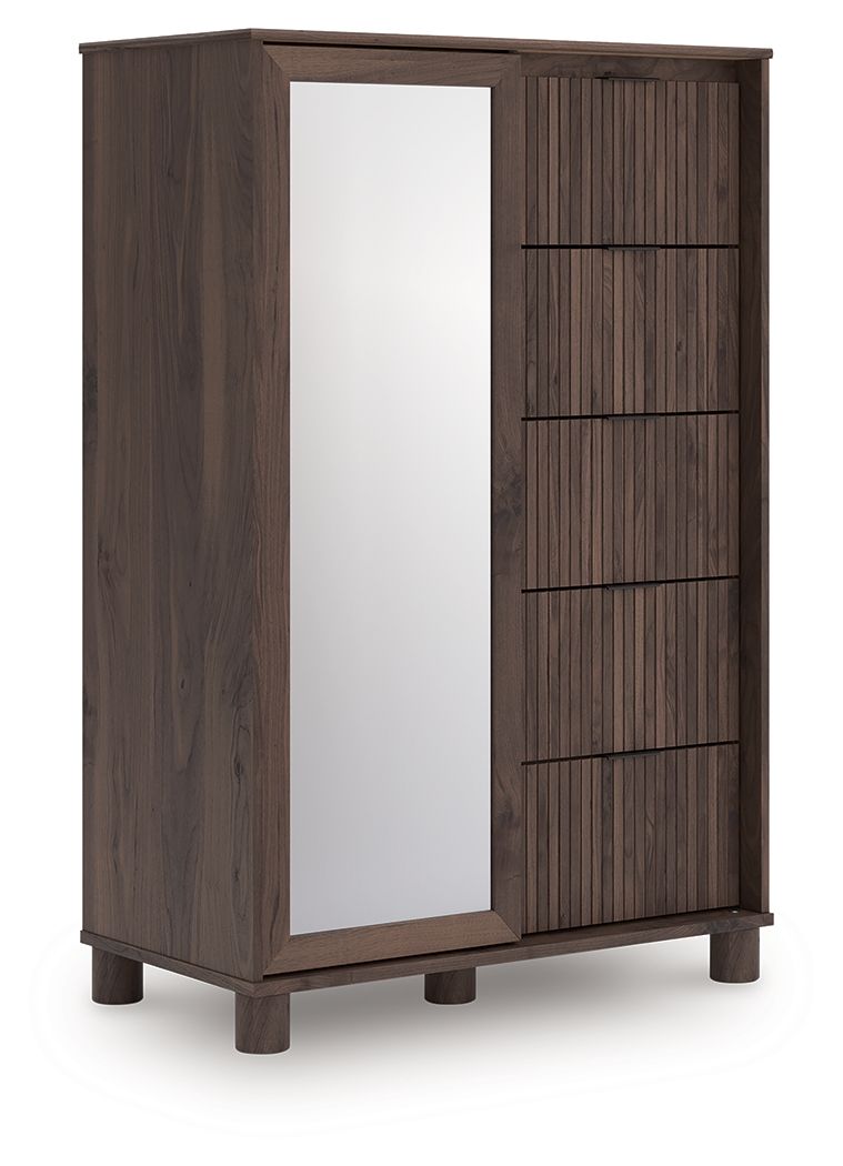 Dark brown dressing chest with tall mirror panel and three vertical-slat drawers