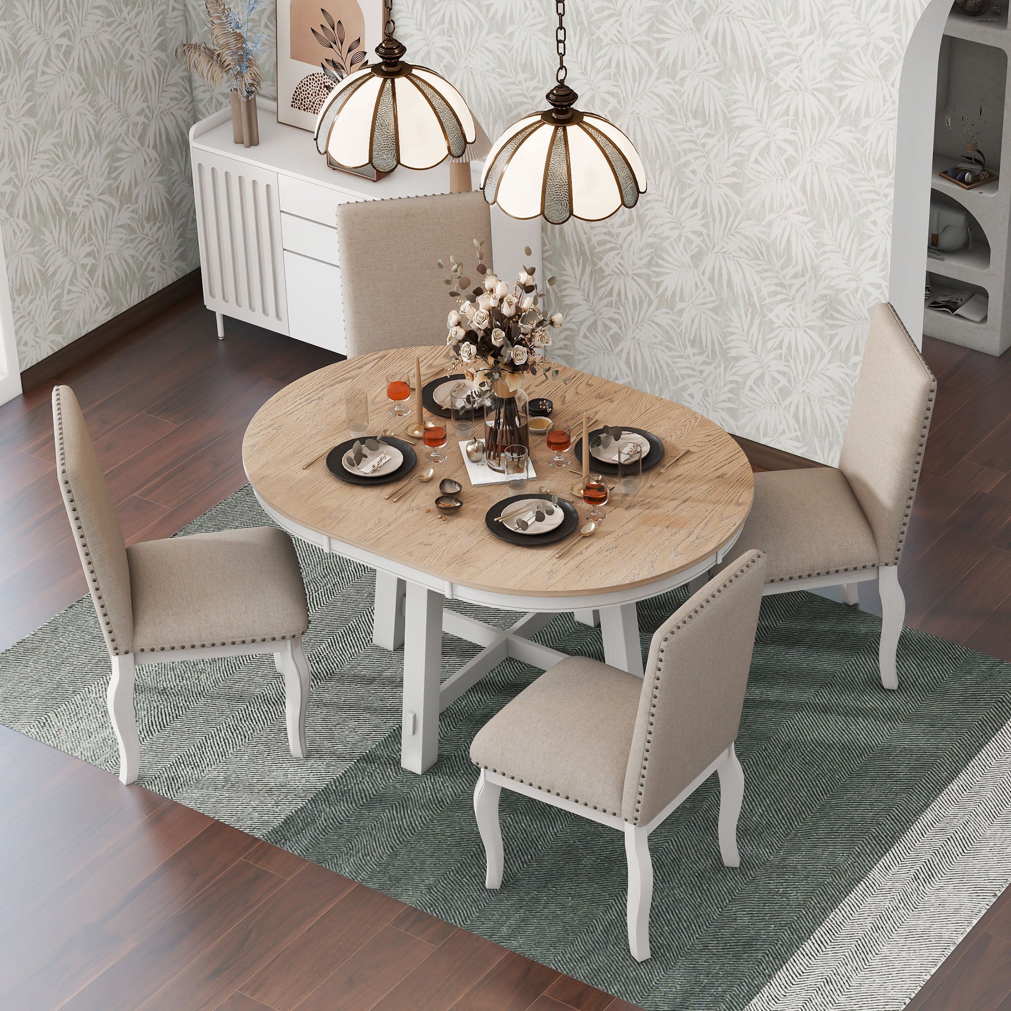 5-Pc Farmhouse Dining Set - Oak & White