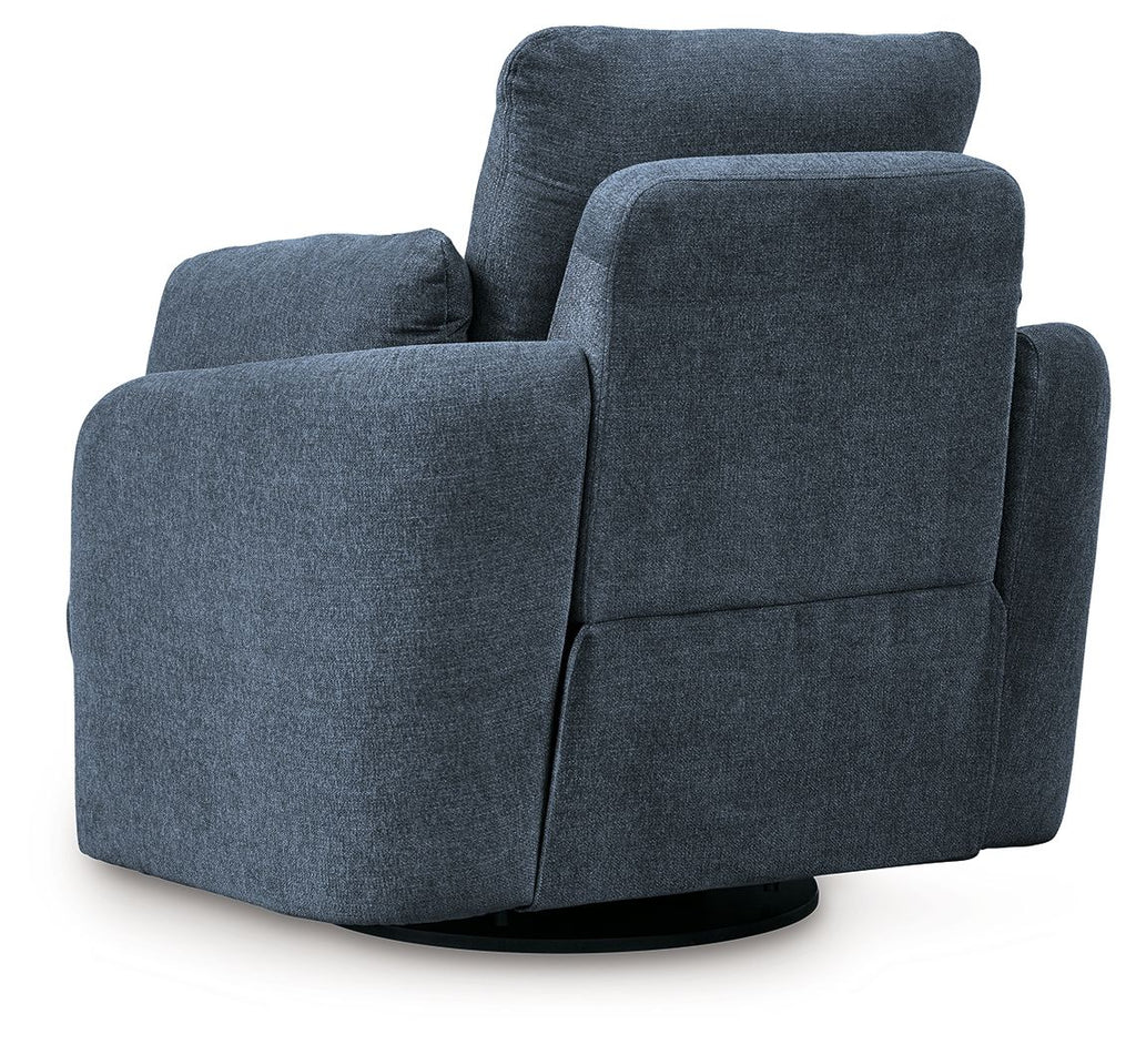 Blue swivel glider recliner with padded back, side arms, and round base glider