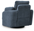 Blue swivel glider recliner with padded back, side arms, and round base glider