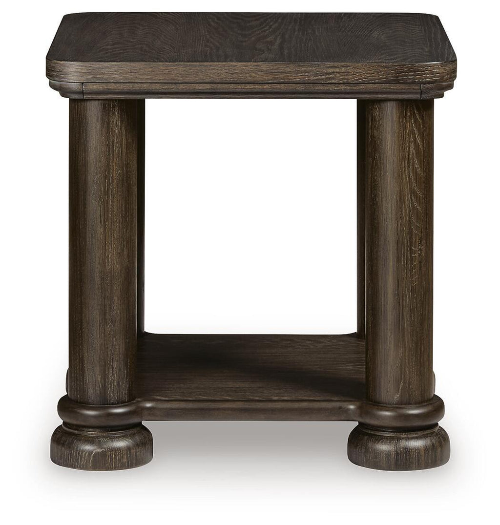 Dark brown rectangular table with lower shelf and thick corner trim, turned legs