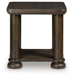 Dark brown rectangular table with lower shelf and thick corner trim, turned legs