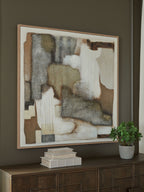 Framed abstract wall art with tan, brown, gray, and white geometric blocks