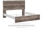 Gray king panel headboard and footboard in wood-look finish
