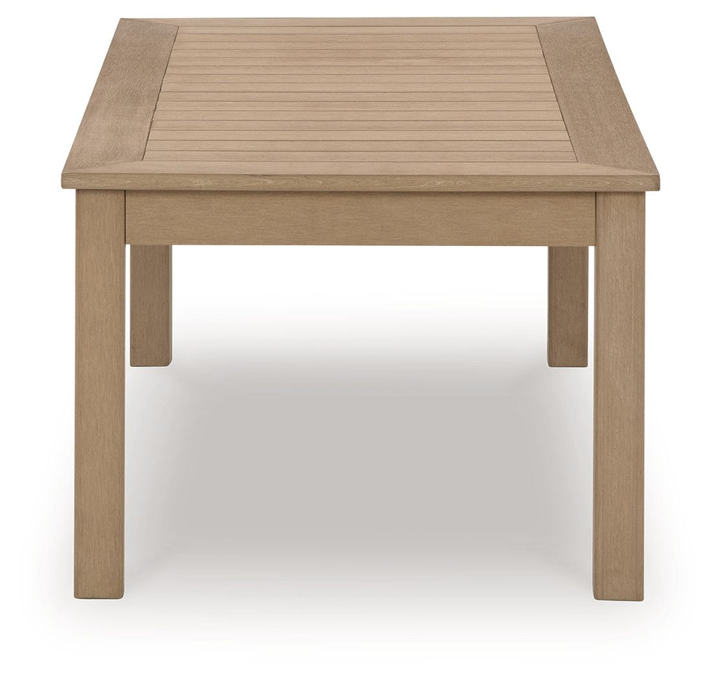 Rectangular driftwood cocktail table with square slatted top and solid side legs.