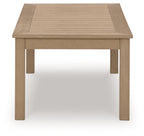 Rectangular driftwood cocktail table with square slatted top and solid side legs.