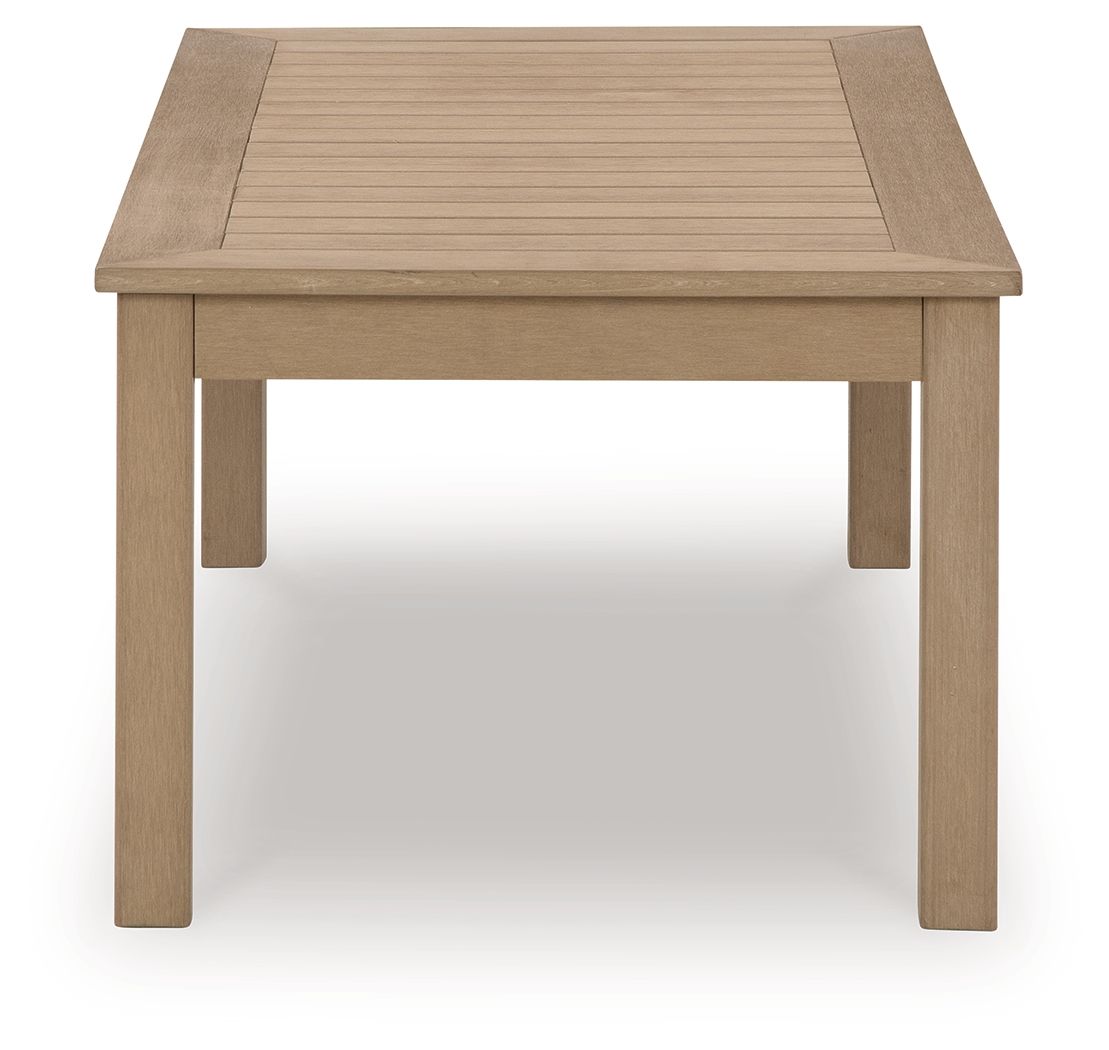 Rectangular driftwood cocktail table with square slatted top and solid side legs.