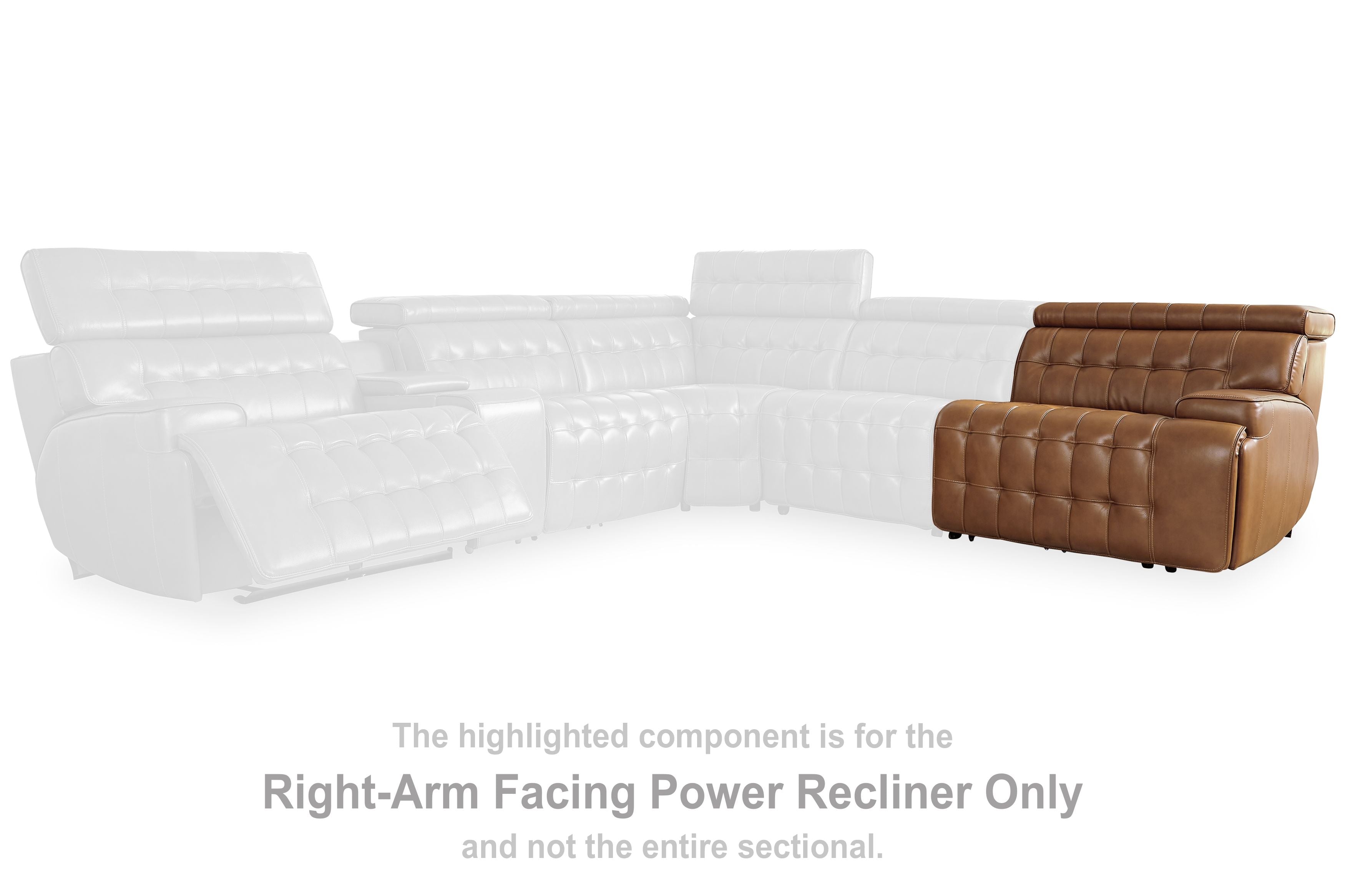 Right-arm facing power recliner section with chocolate brown padded upholstery