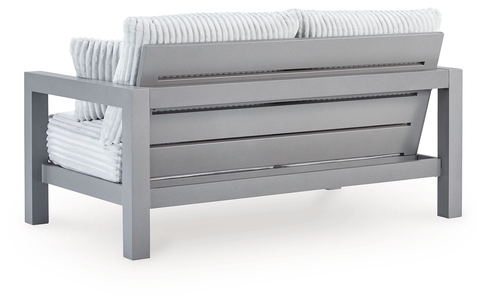 Gray loveseat with back slat panel and ribbed white cushions