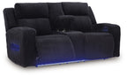 Power reclining loveseat with console armrests and adjustable headrests, dark black ribbed fabric
