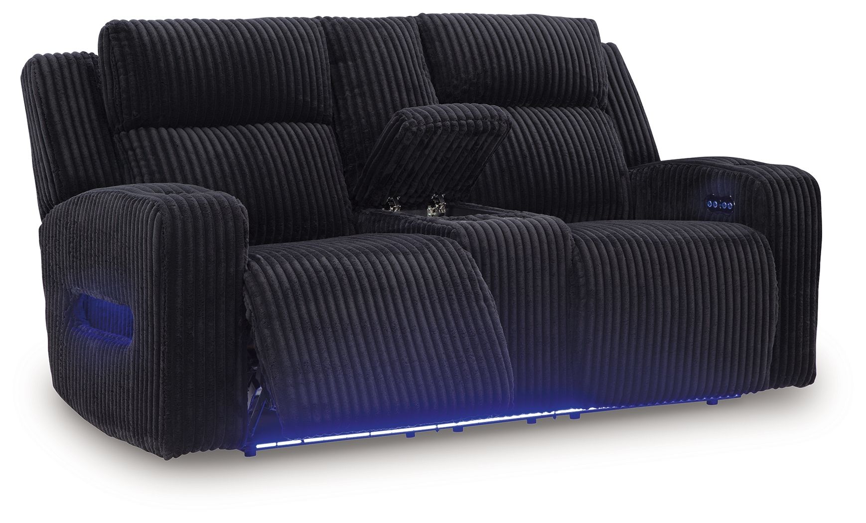 Power reclining loveseat with console armrests and adjustable headrests, dark black ribbed fabric