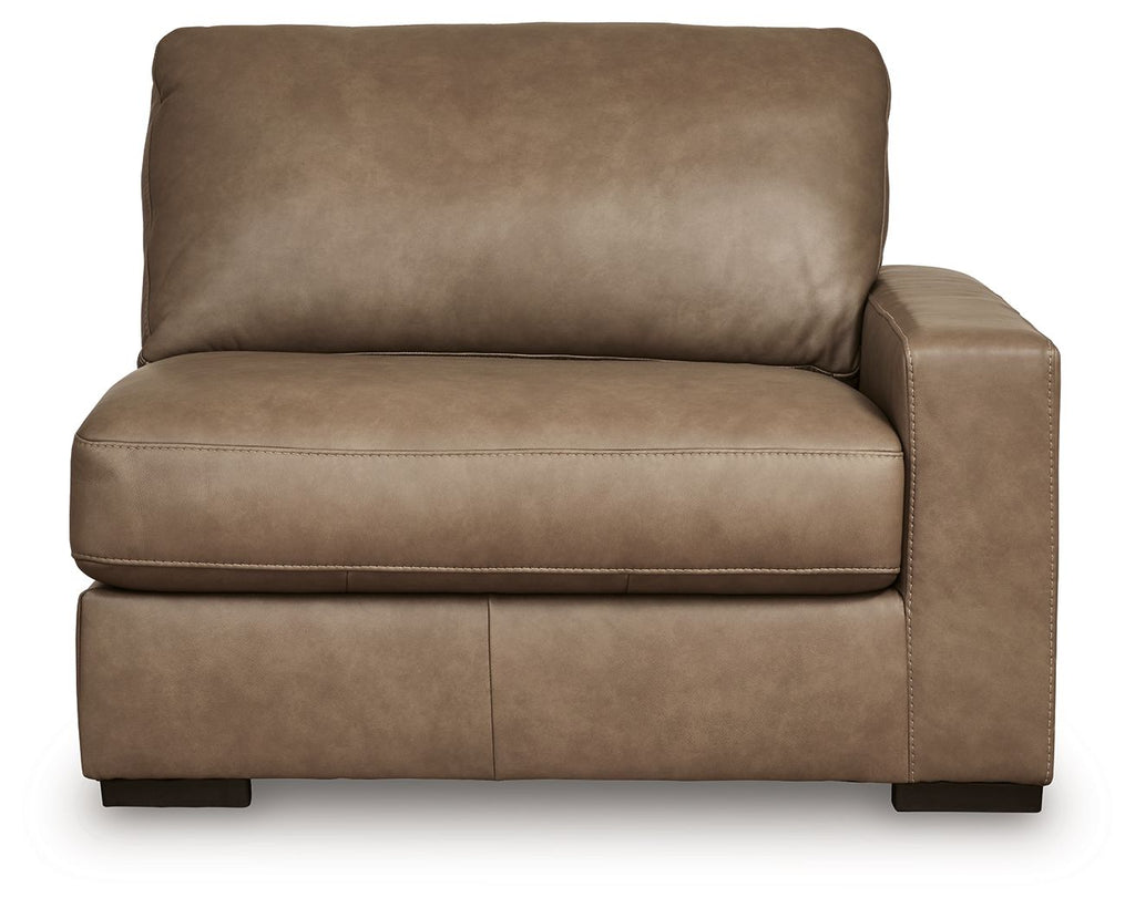 Corner chair with tall back and padded arm, dark taupe faux leather, blocky legs