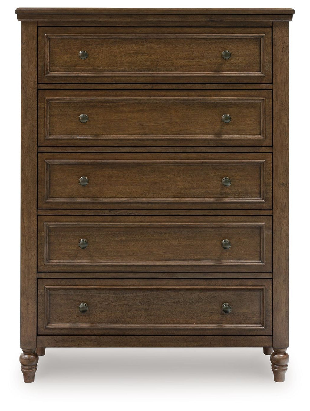 Brown five-drawer chest with metal knobs and rectangular drawer panels, turned legs