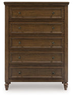 Brown five-drawer chest with metal knobs and rectangular drawer panels, turned legs