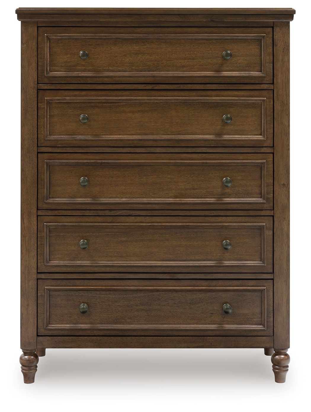 Brown five-drawer chest with metal knobs and rectangular drawer panels, turned legs