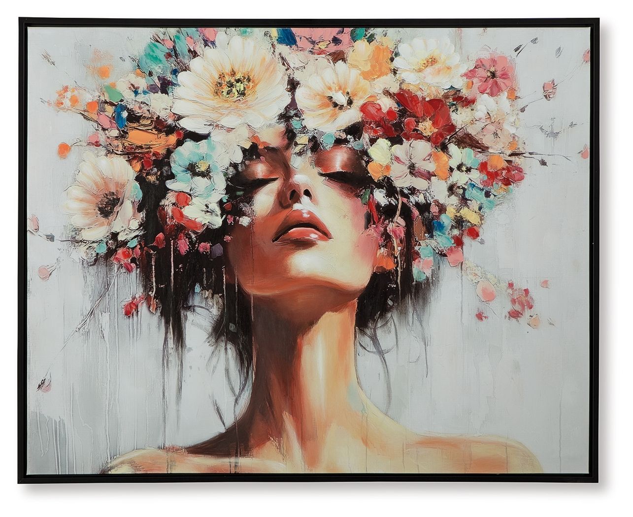 Framed wall art with stylized woman's face, dark hair, and colorful floral collage