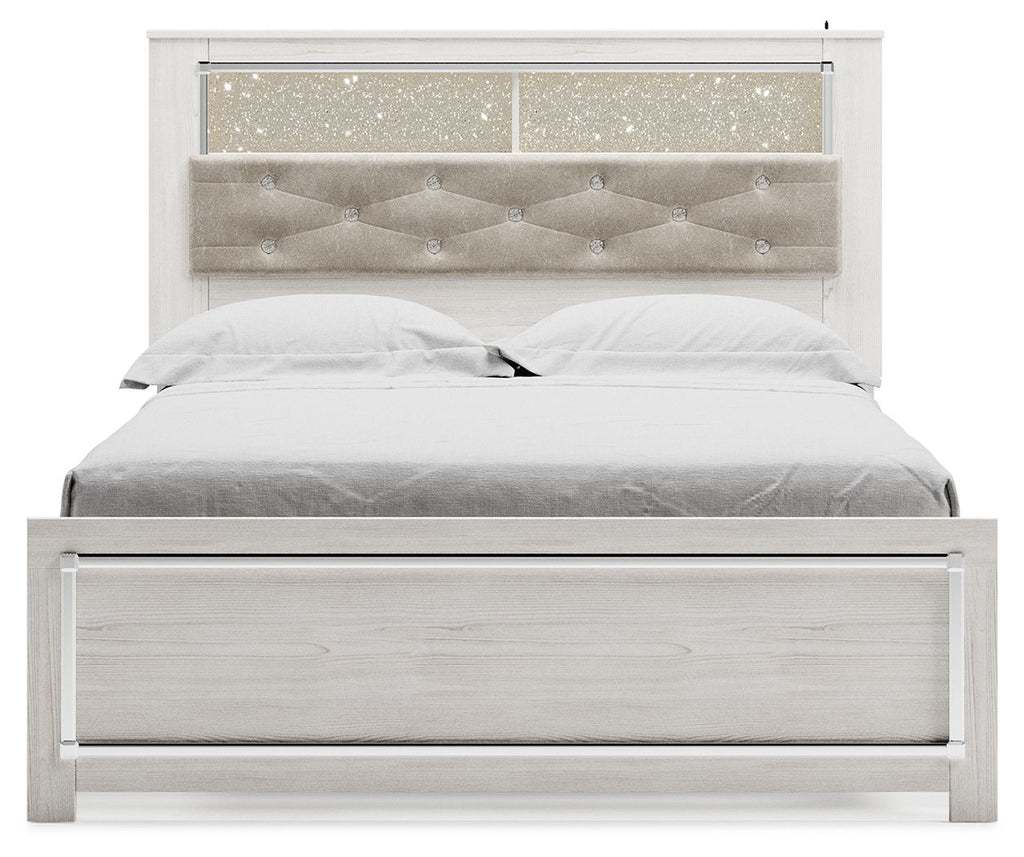 White bookcase bed with tufted gray headboard, blue-lit shelves, and wide front drawer