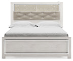 White bookcase bed with tufted gray headboard, blue-lit shelves, and wide front drawer