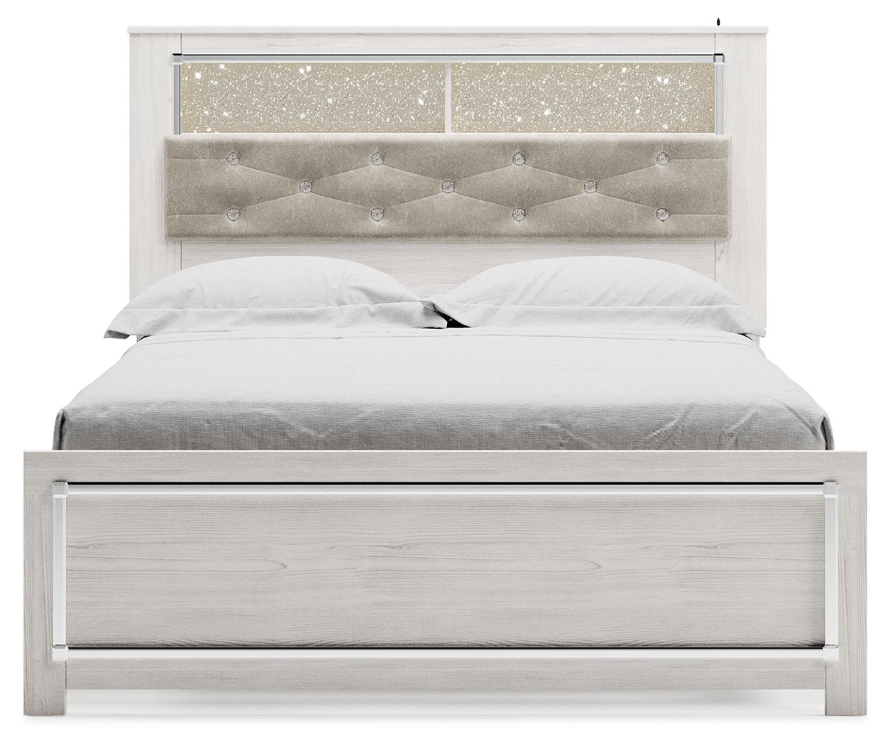 White bookcase bed with tufted gray headboard, blue-lit shelves, and wide front drawer