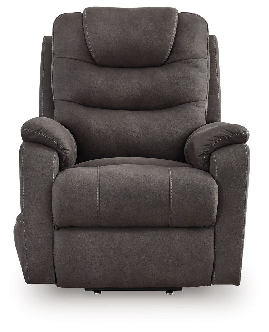 Gunmetal power lift recliner chair, gray fabric with rounded arms and segmented seat cushion.