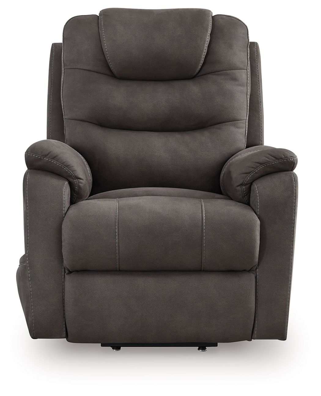 Gunmetal power lift recliner chair, gray fabric with rounded arms and segmented seat cushion.