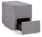 Gray console storage ottoman with open front compartment and hinged lid