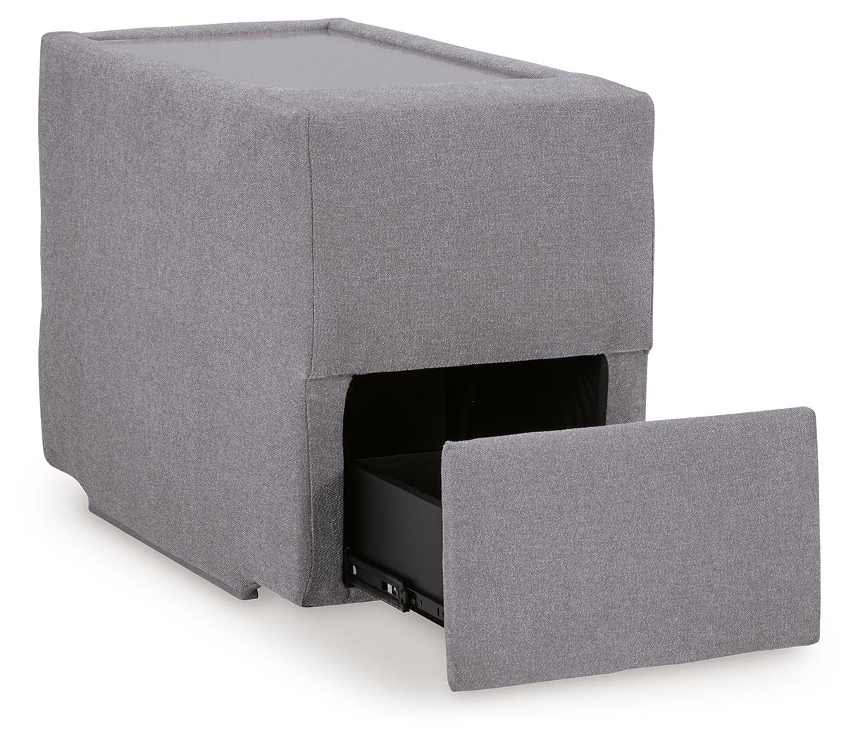 Gray console storage ottoman with open front compartment and hinged lid